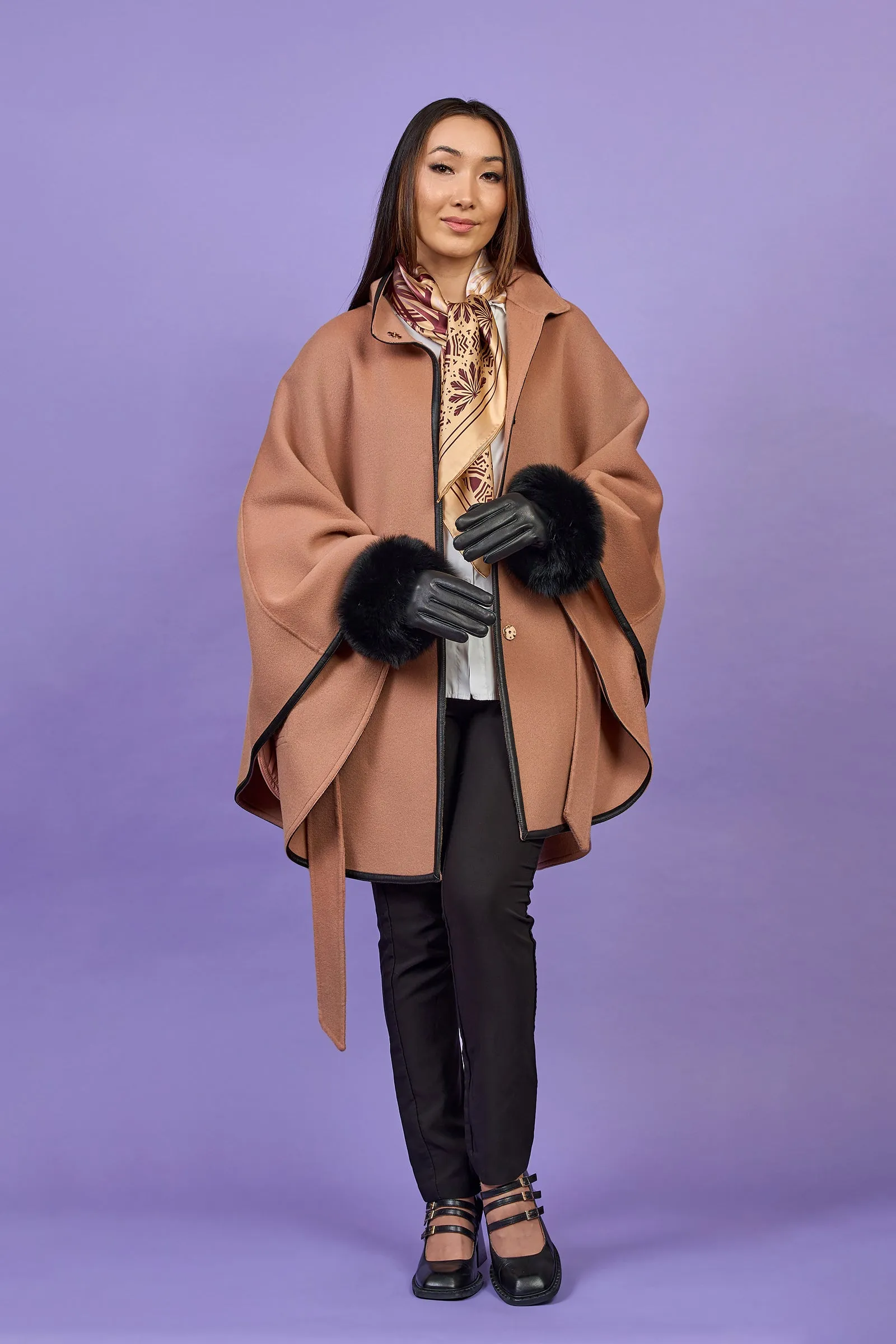 ALICE Rose Beige Belted Cape Coat in Virgin Wool Cashmere Black Leather