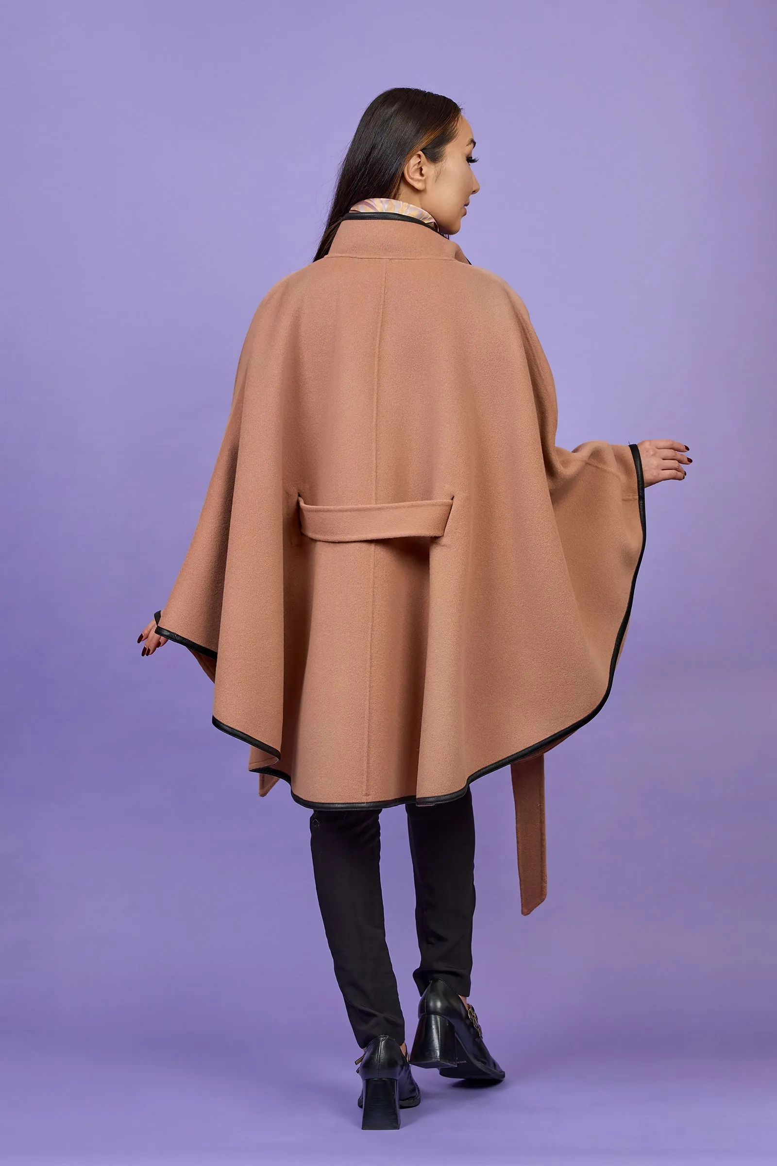 ALICE Rose Beige Belted Cape Coat in Virgin Wool Cashmere Black Leather