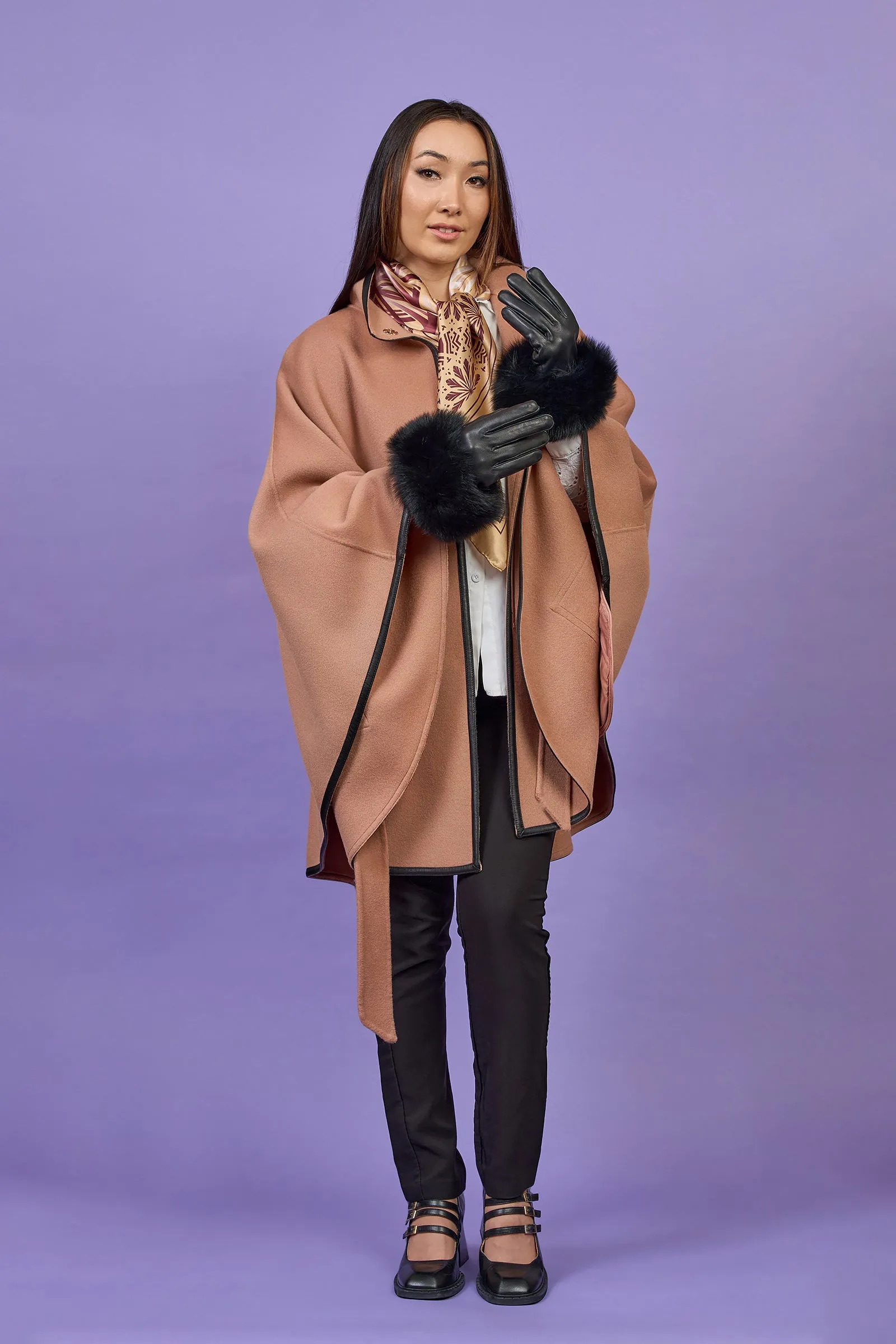 ALICE Rose Beige Belted Cape Coat in Virgin Wool Cashmere Black Leather