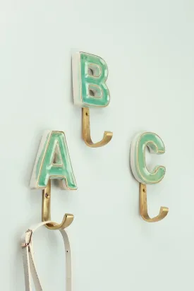 Alphabet Green Crackle Glazed Hooks In Antique Brass