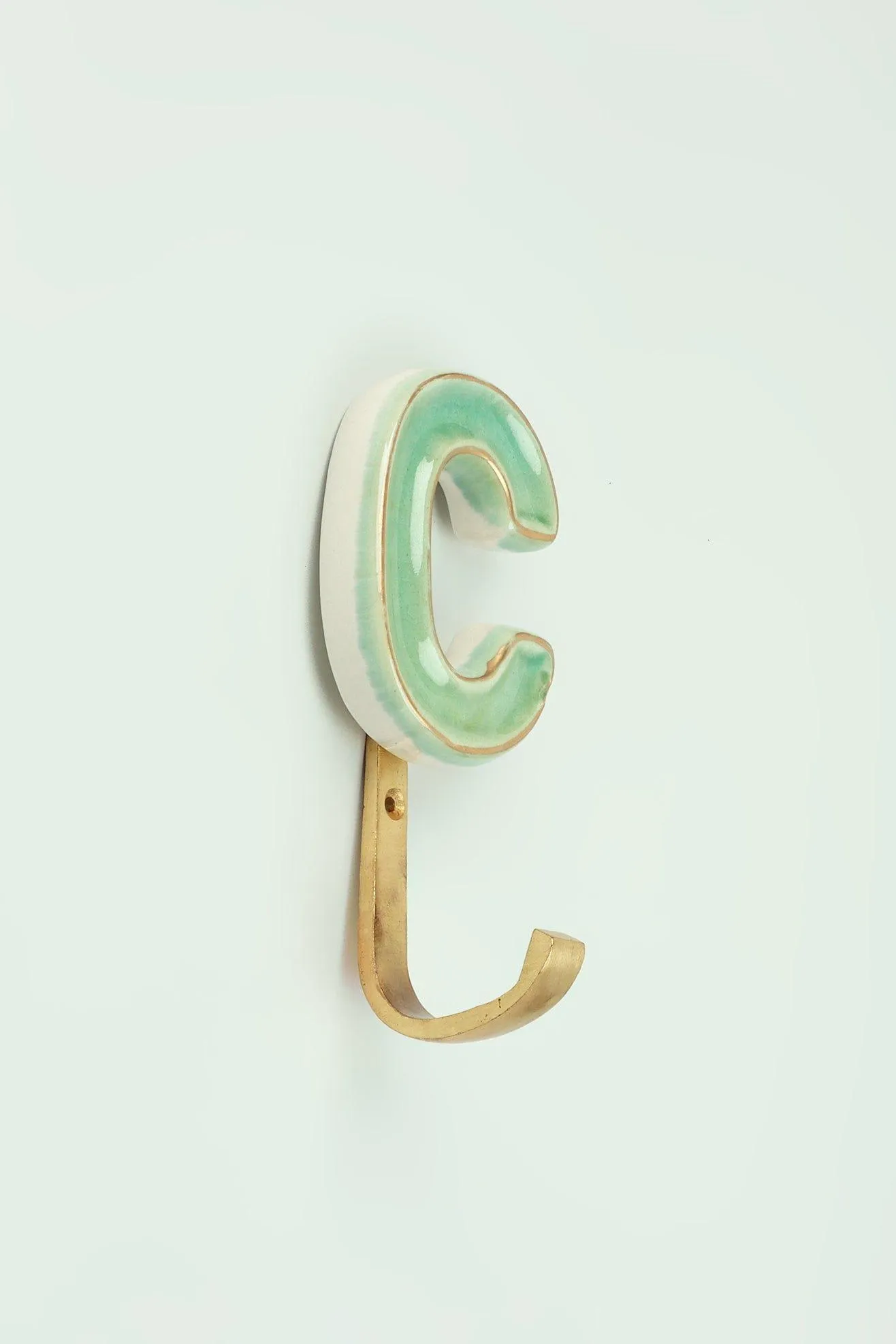 Alphabet Green Crackle Glazed Hooks In Antique Brass