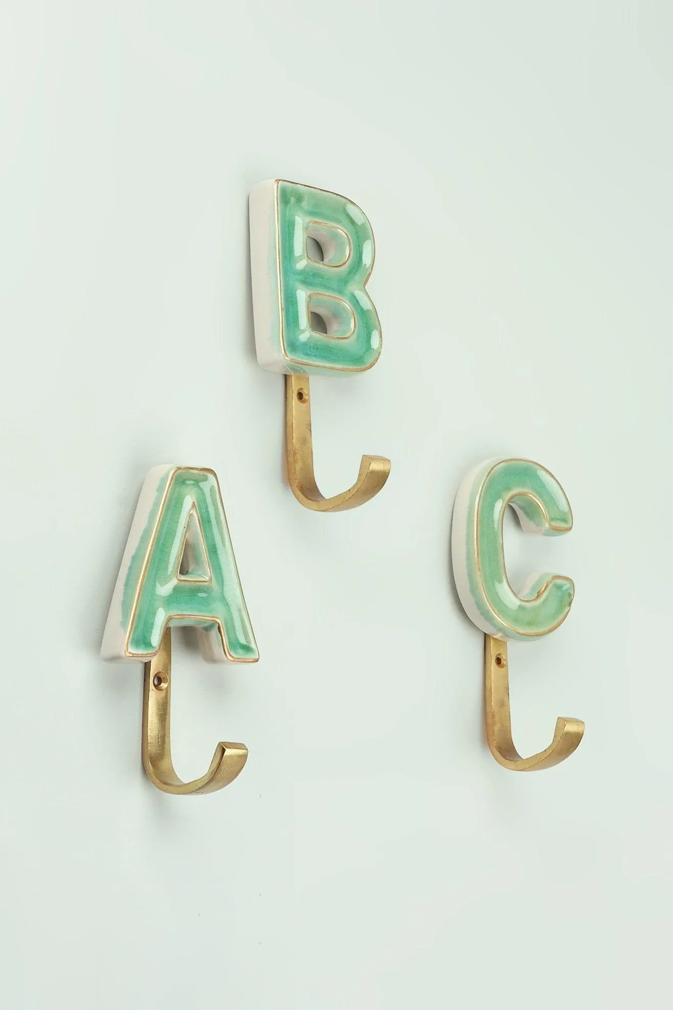 Alphabet Green Crackle Glazed Hooks In Antique Brass