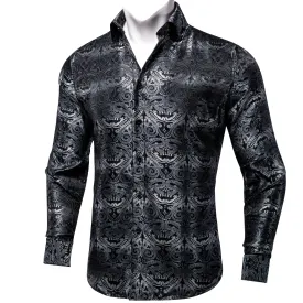 Black Gradient Grey Paisley Silk Men's Long Sleeve Shirt