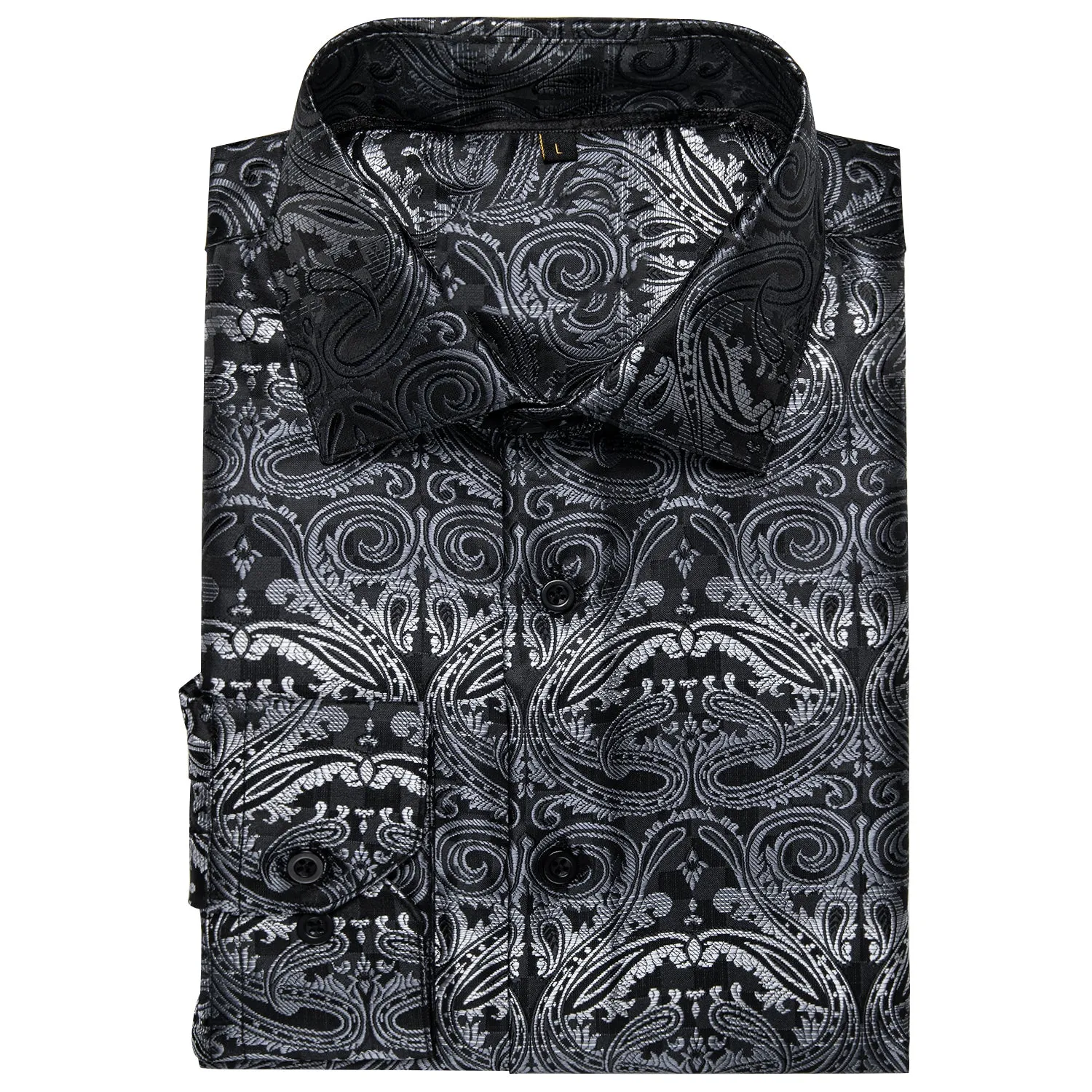 Black Gradient Grey Paisley Silk Men's Long Sleeve Shirt