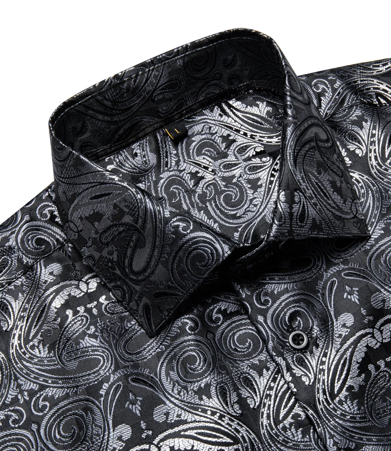 Black Gradient Grey Paisley Silk Men's Long Sleeve Shirt