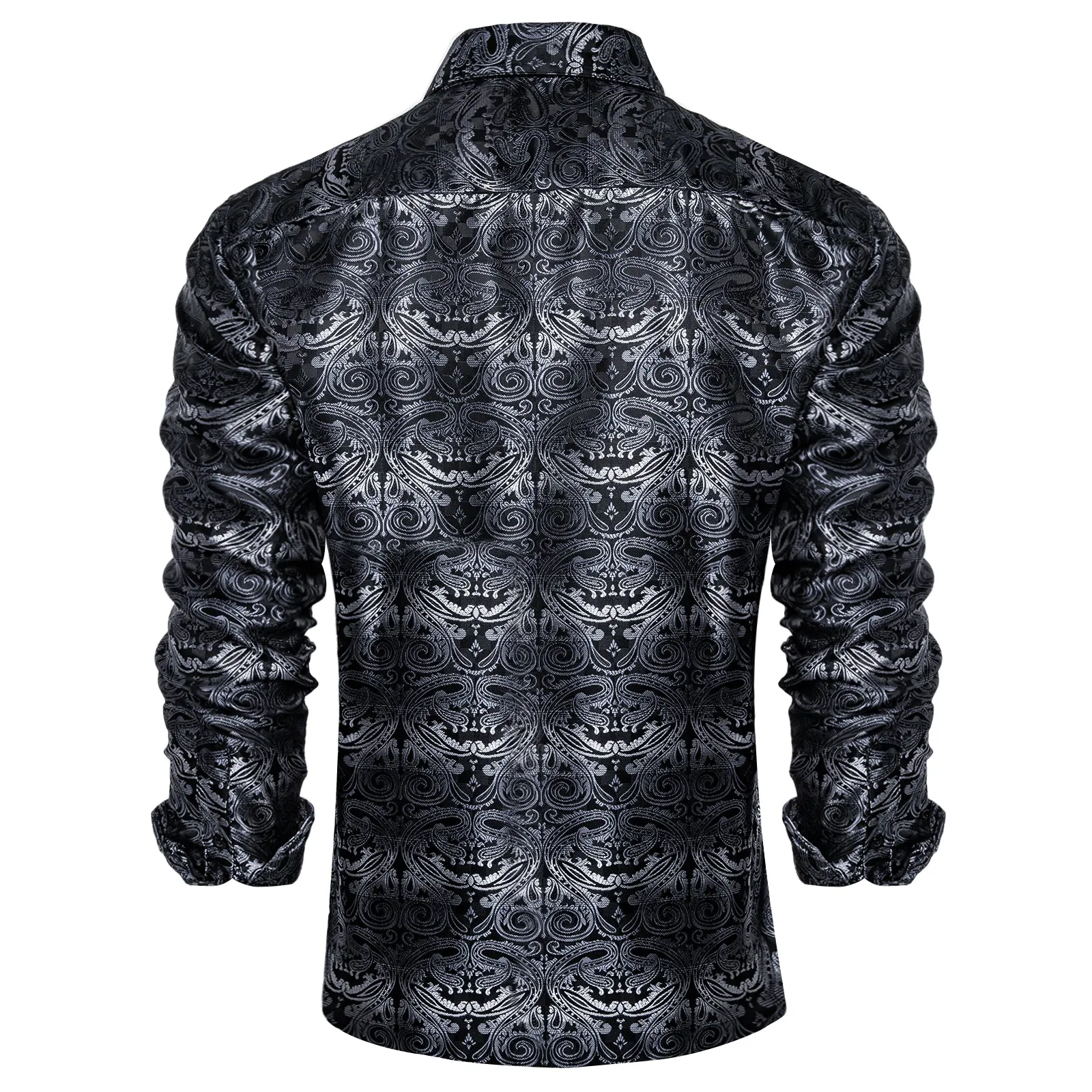 Black Gradient Grey Paisley Silk Men's Long Sleeve Shirt