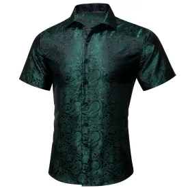 Black Green Paisley Silk Men's Short Sleeve Shirt