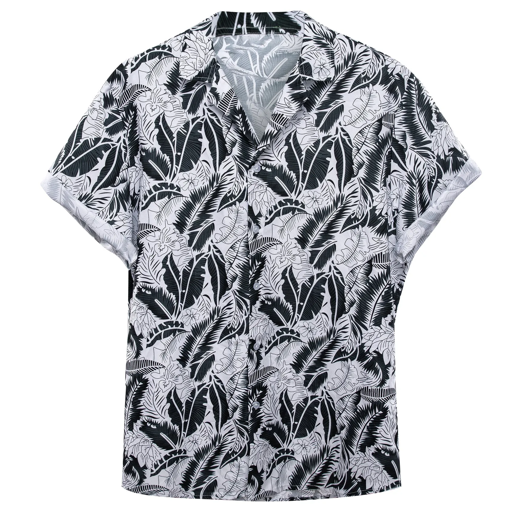 Black White Leaves Men's Short Sleeve Summer Shirt