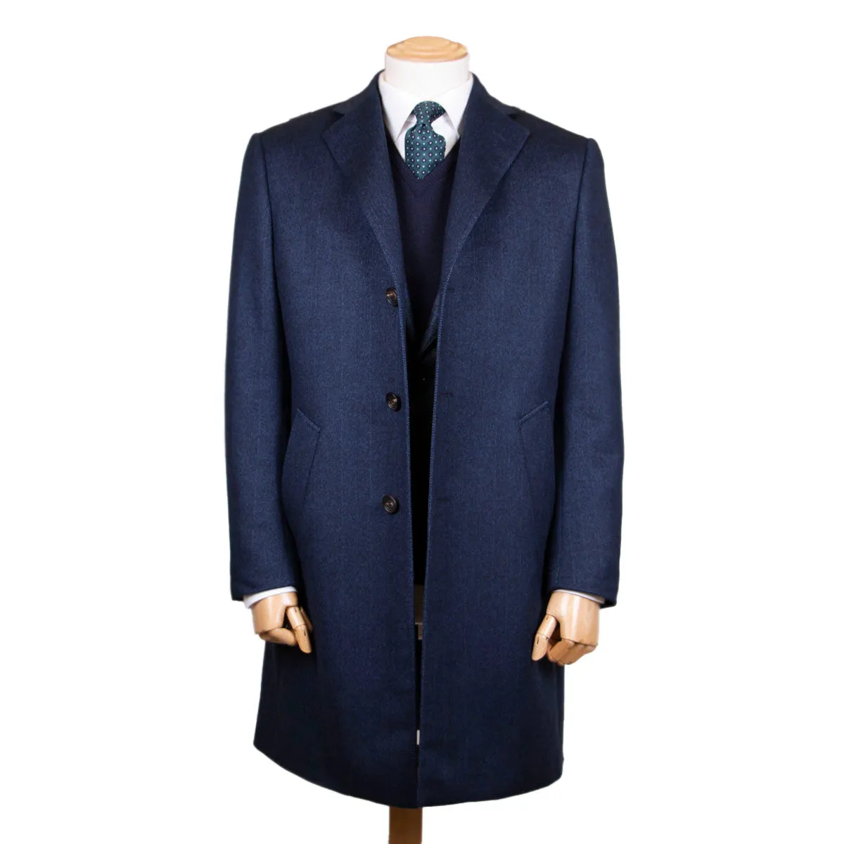 Blue Chevron Virgin Wool, Cashmere, & Silk Slim Tailored Overcoat