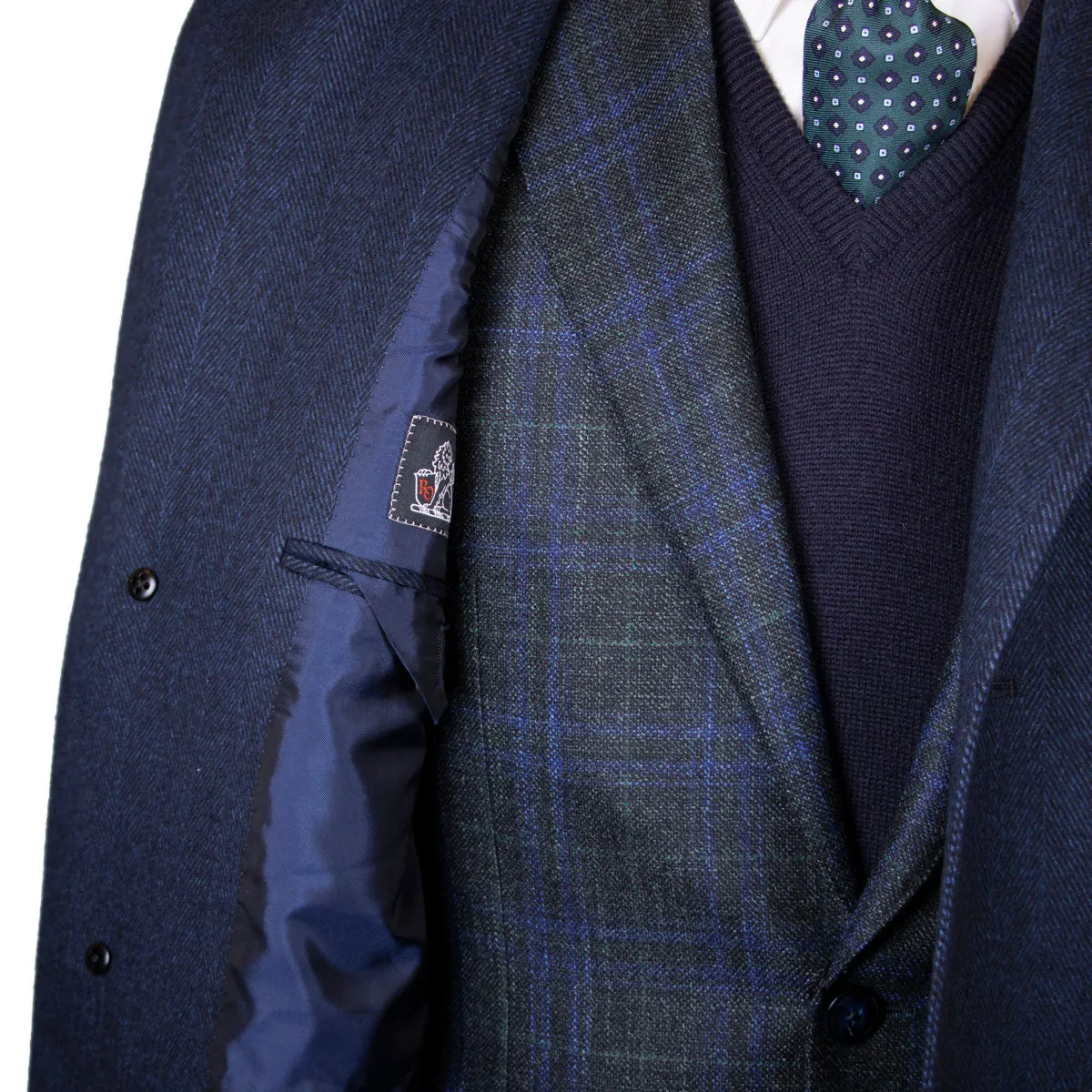 Blue Chevron Virgin Wool, Cashmere, & Silk Slim Tailored Overcoat