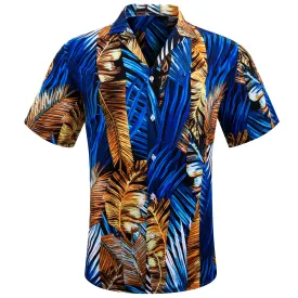 Blue Gold Leaves Novelty Men's Short Sleeve Summer Shirt