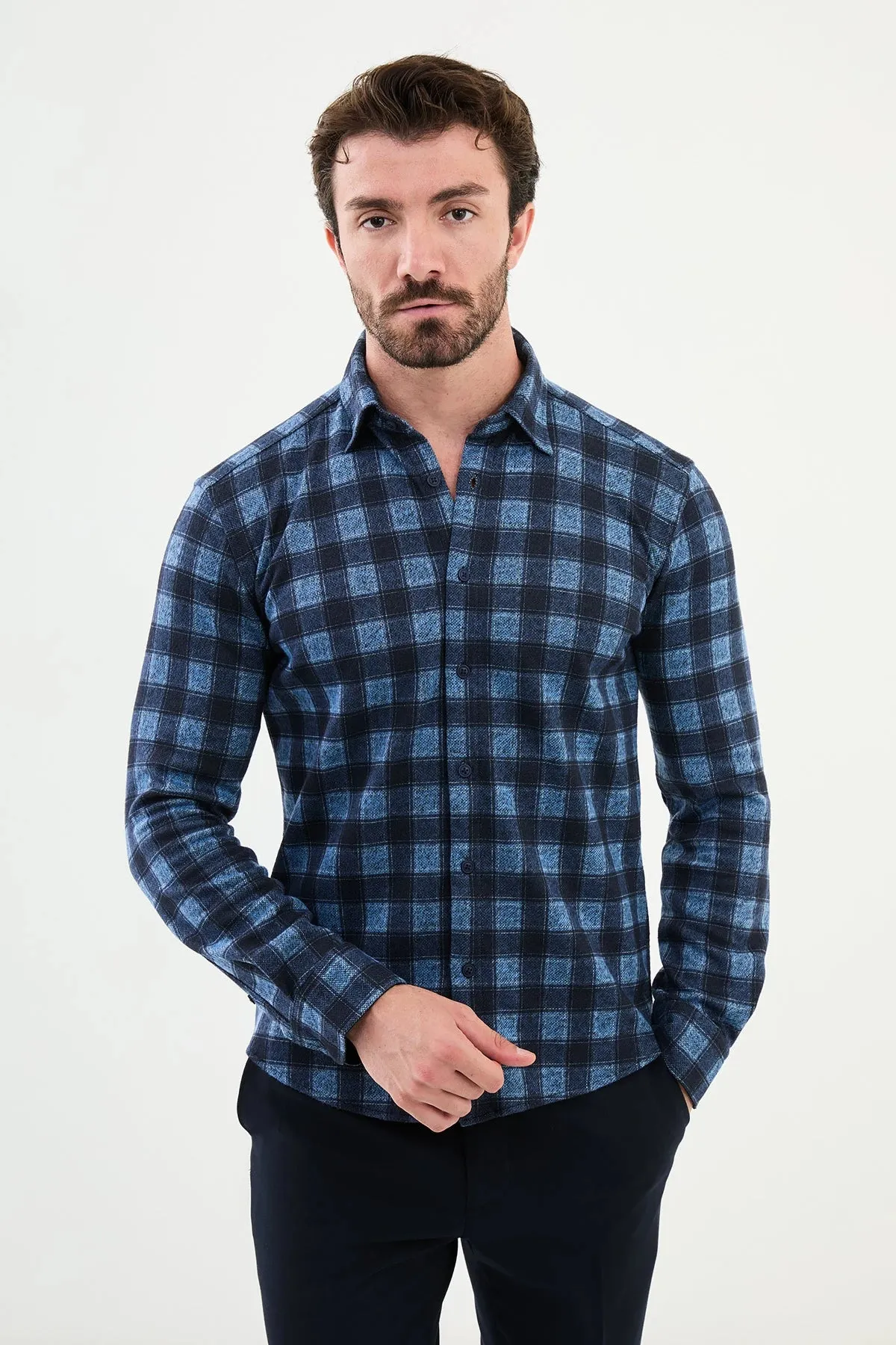 Bojoni Capena Check Slim Fit Blue Shirt