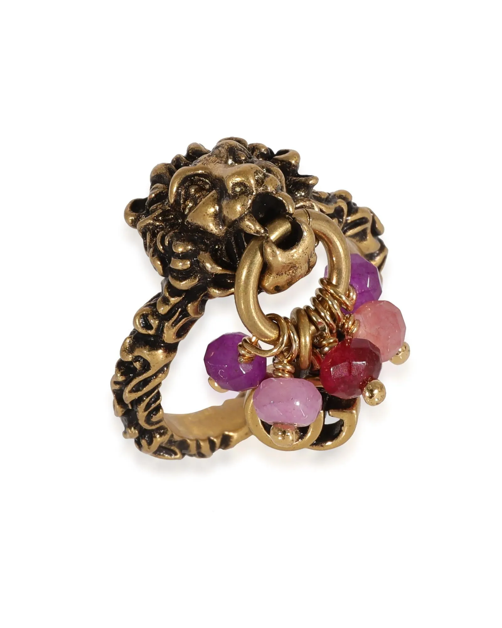 Brass Tone Lion Head Ring with Multi Stone Dangle