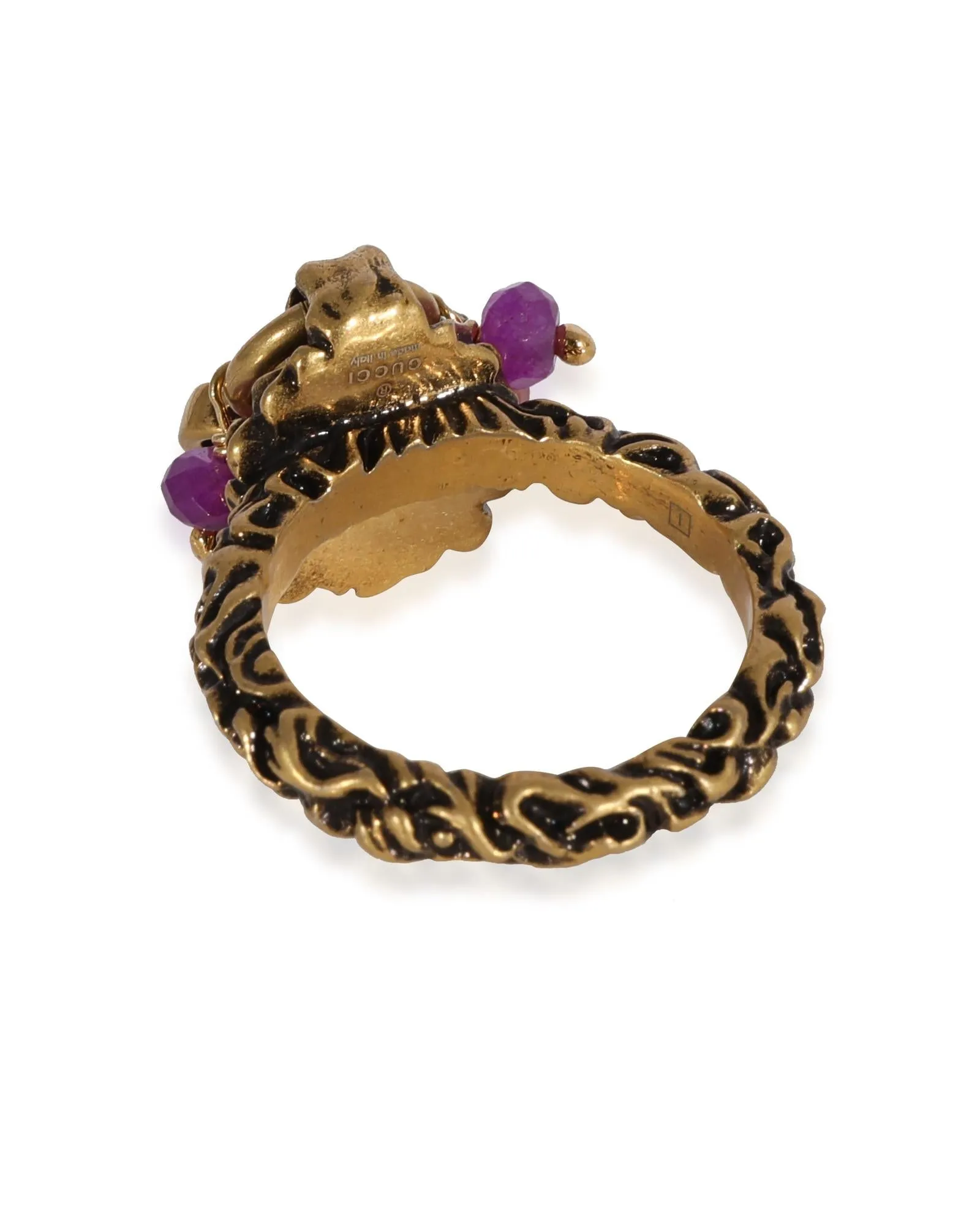 Brass Tone Lion Head Ring with Multi Stone Dangle