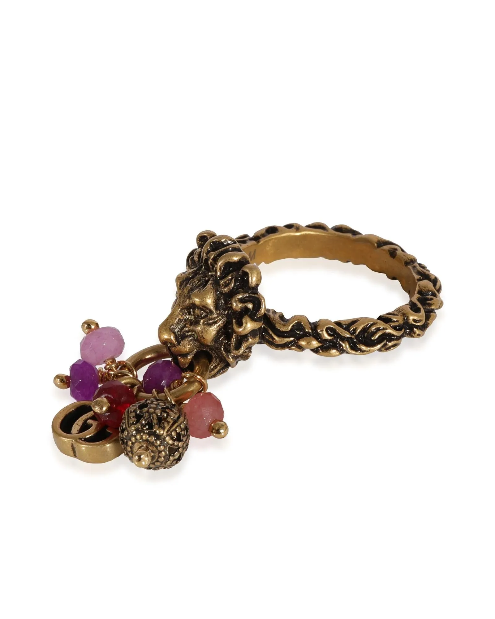 Brass Tone Lion Head Ring with Multi Stone Dangle