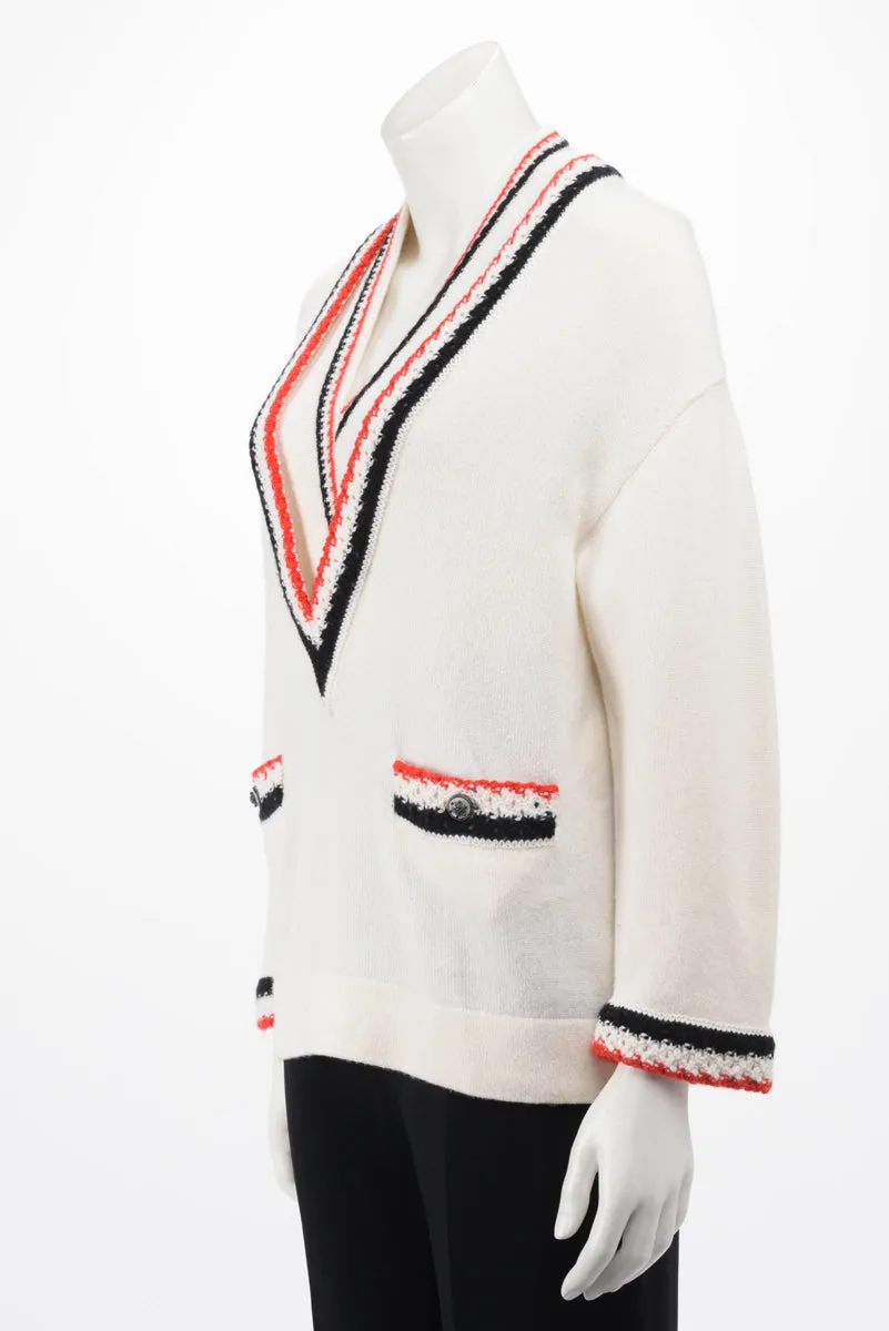 Chanel Cream Cashmere V-Neck Braided Trim Sweater FR 36