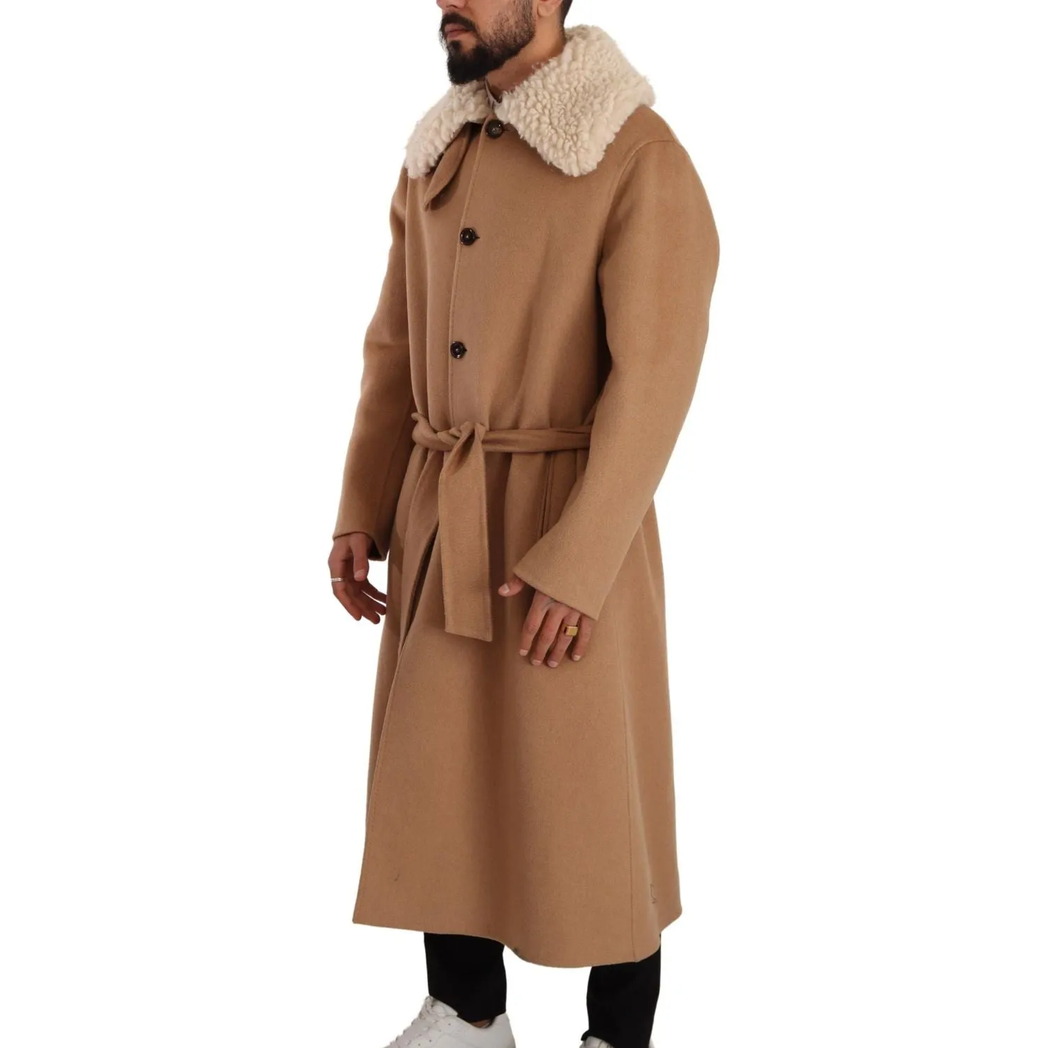 Dolce & Gabbana Opulent Beige Shearling-Collar Overcoat