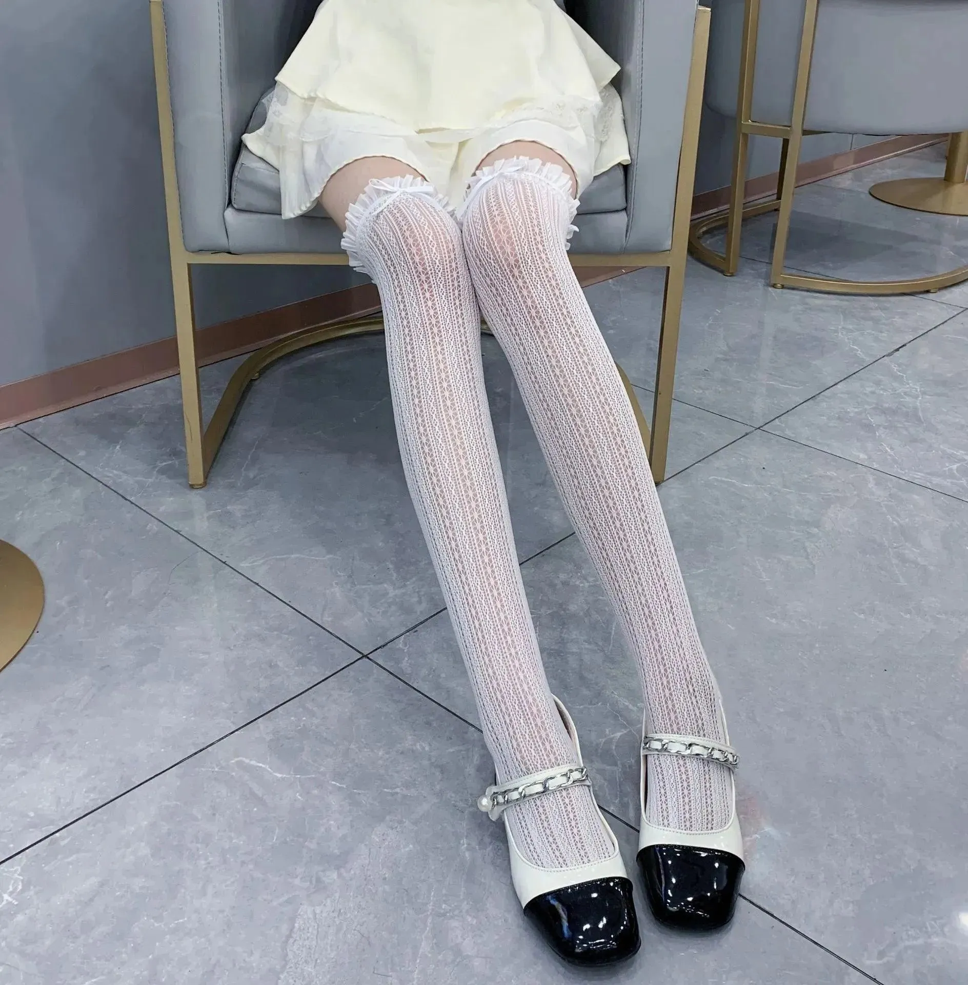 Elegant Lace Over the Knee Socks with Ruffle Trim and Bow Detail