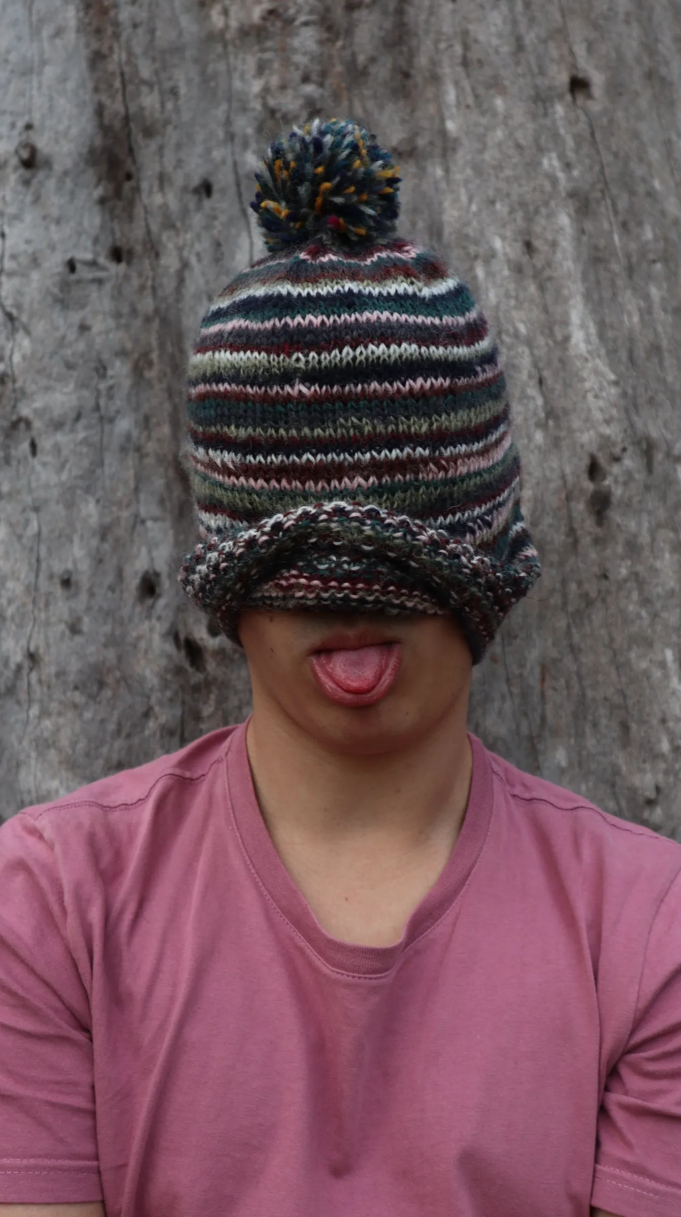 Fair Trade Ethical Woollen Beanie in Striped Multi Coloured Design with Pom Pom