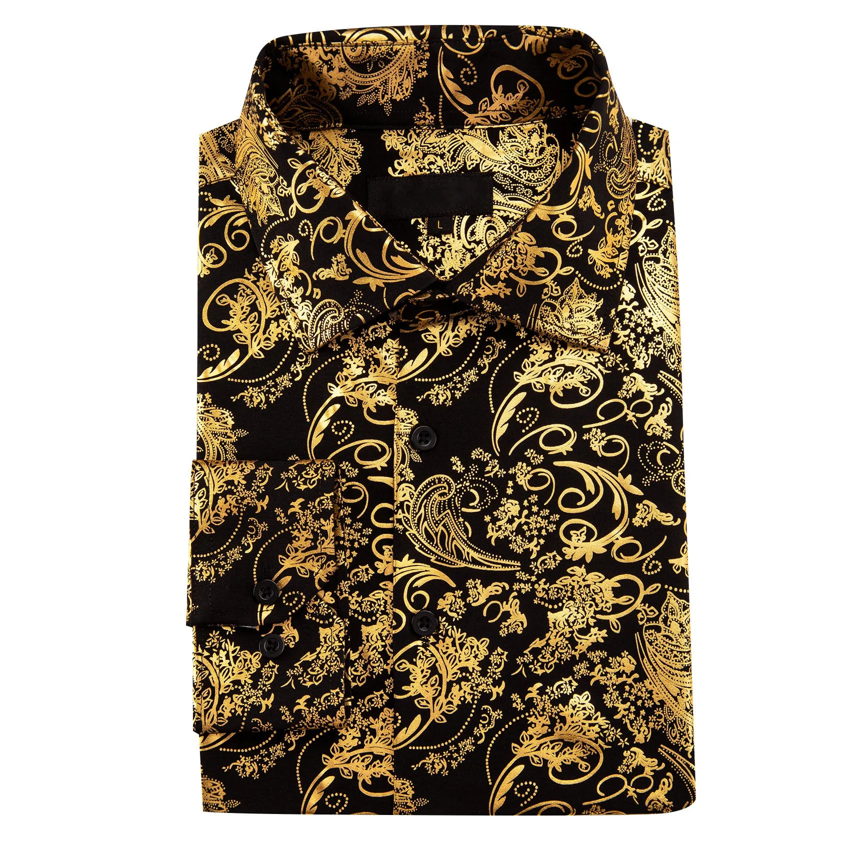 Gold Black Floral Paisley Silk Men's Long Sleeve Shirt