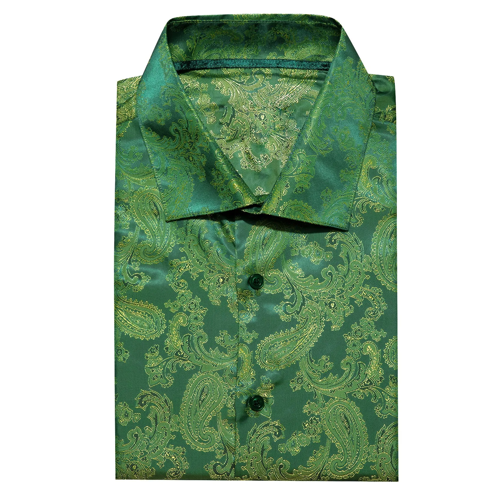 Grass Green Paisley Style Casual Silk Men's Long Sleeve Button Shirt