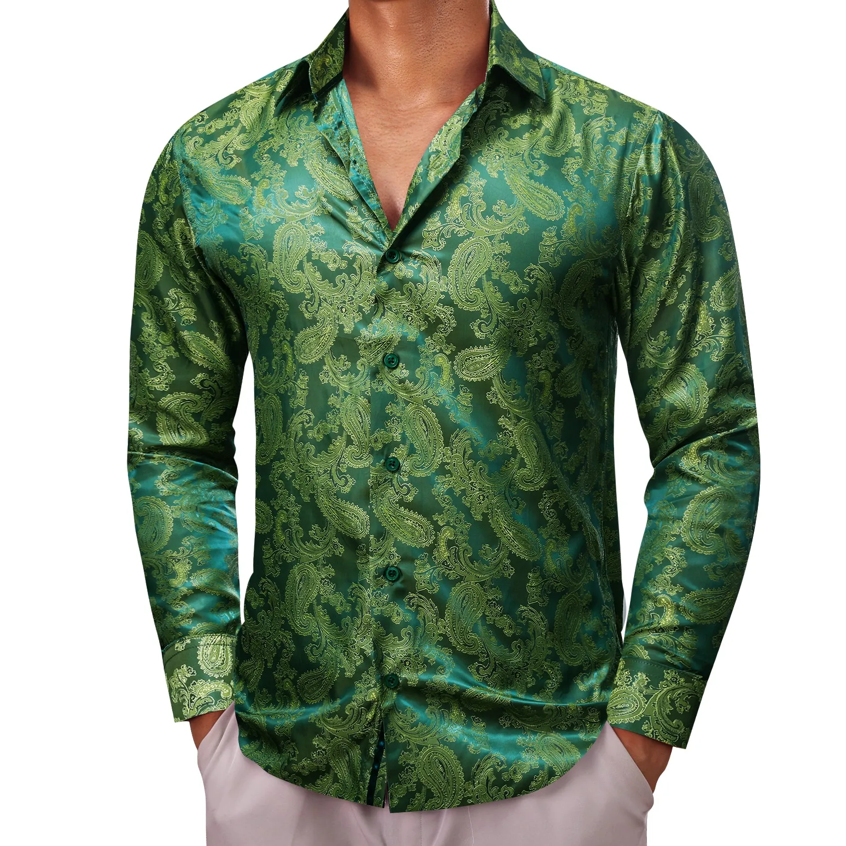 Grass Green Paisley Style Casual Silk Men's Long Sleeve Button Shirt