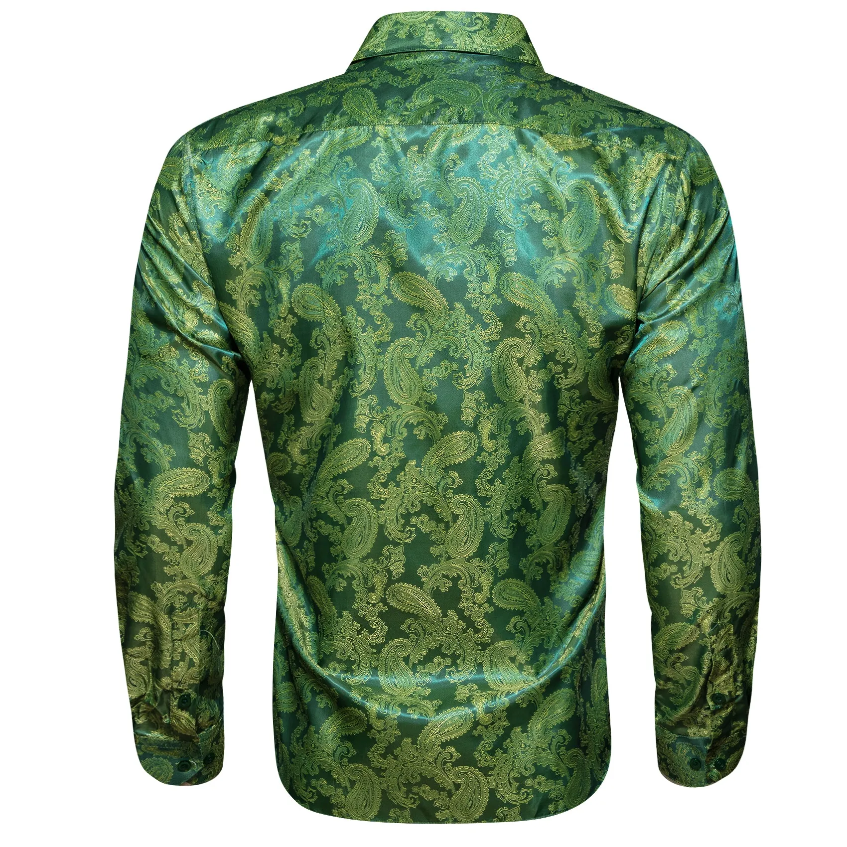 Grass Green Paisley Style Casual Silk Men's Long Sleeve Button Shirt