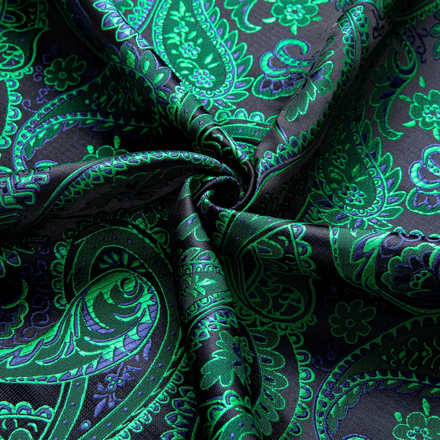 Green Black Paisley Pattern Silk Men's Long Sleeve Shirt