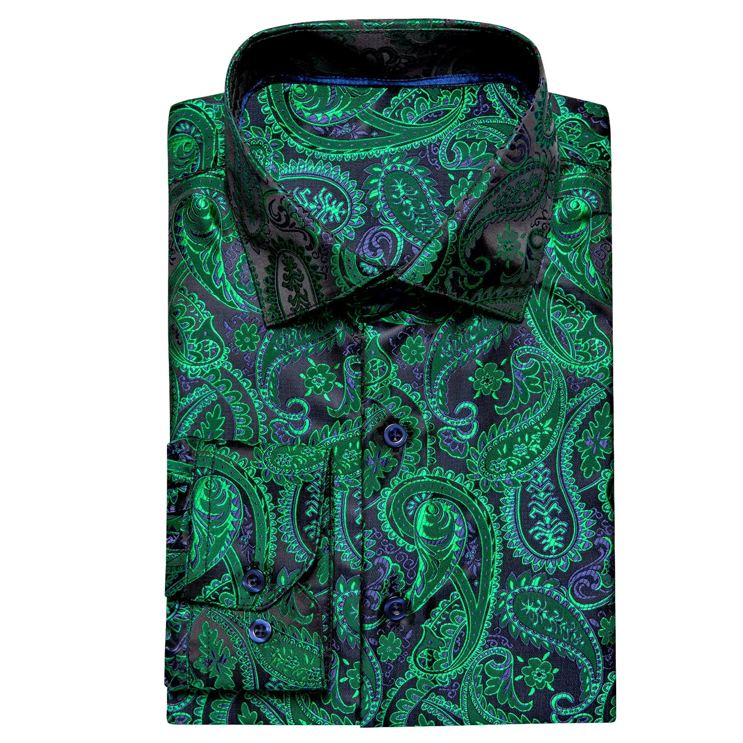 Green Black Paisley Pattern Silk Men's Long Sleeve Shirt