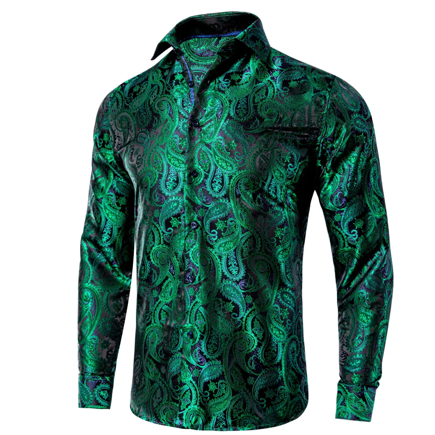 Green Black Paisley Pattern Silk Men's Long Sleeve Shirt