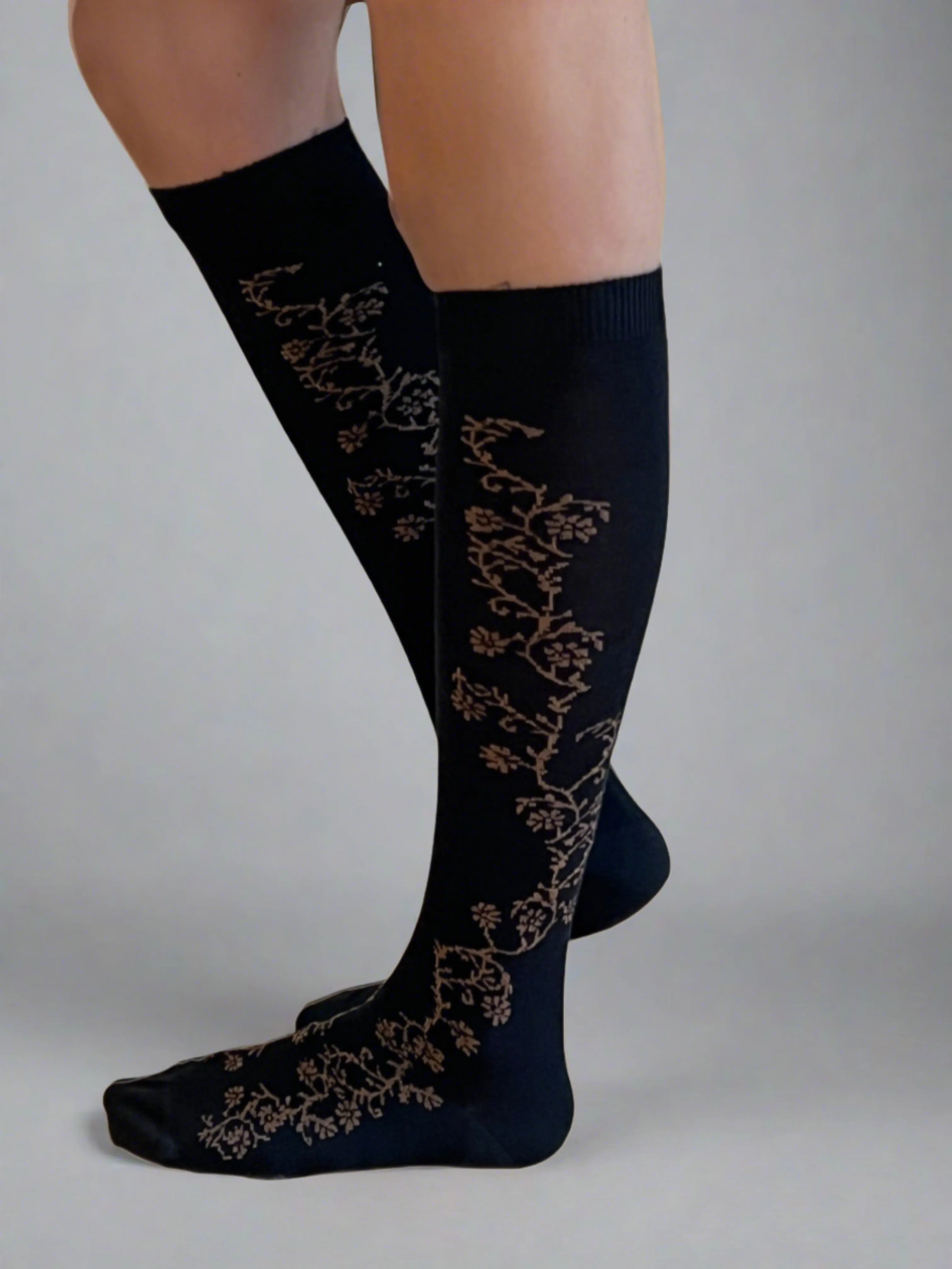 Jasmine Vine Black Merino Wool Women's Knee High Socks - Aussie Made