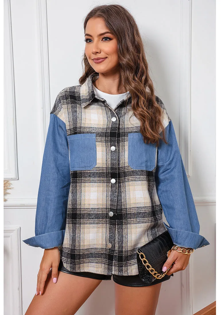 Khaki Plaid Women's Brief Button Down Denim Loose Plaid Flannel Shirt Coats Jackets