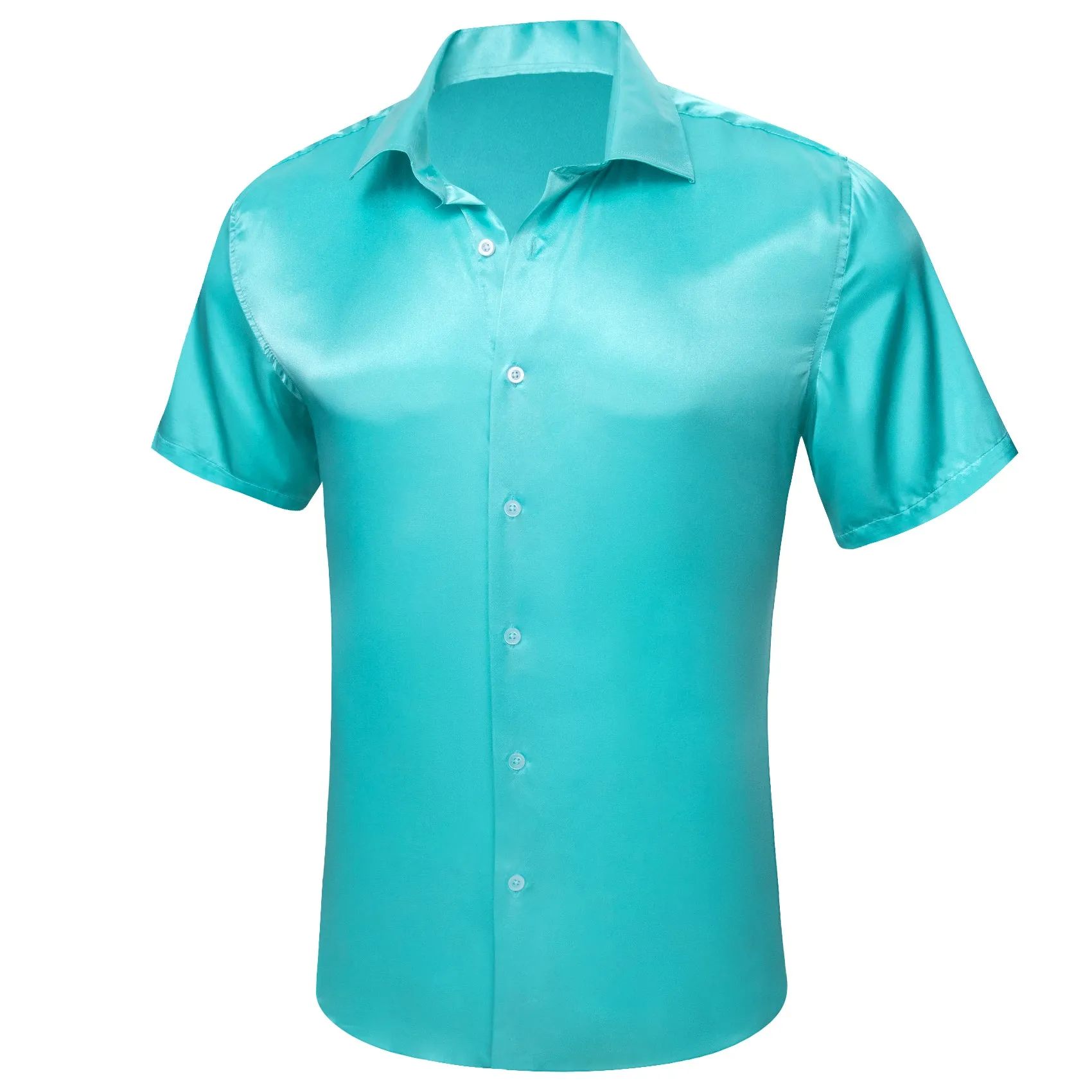 Lake Blue Satin Solid Silk Men's Short Sleeve Shirt