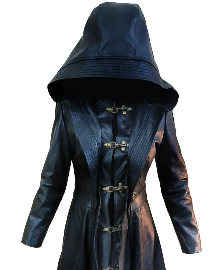 Nasrani Womens Style Genuine Black Leather Long Coat Fashion Vintage Style Ladies Coat - JT37