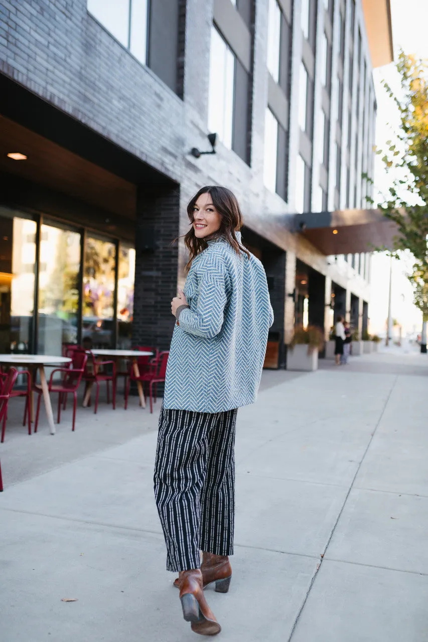 Portuguese Wool Pieper Coat in Cobalt and Cream Herringbone - Pre-Order 12/31