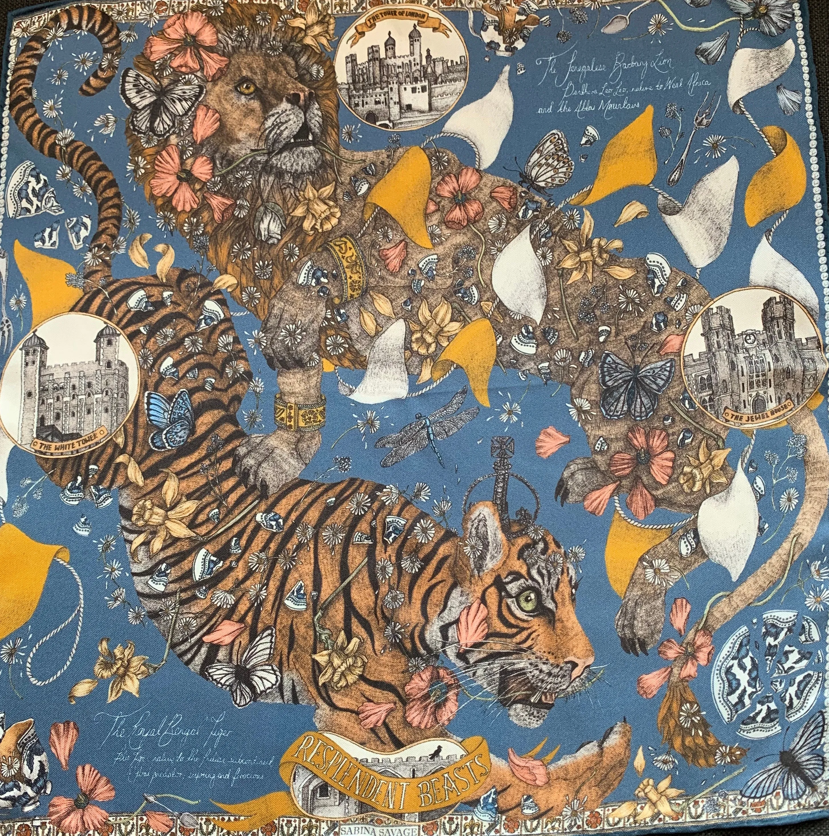 Sabina Savage "The Lion and Tiger's Tea" Silk Scarf Sapphire