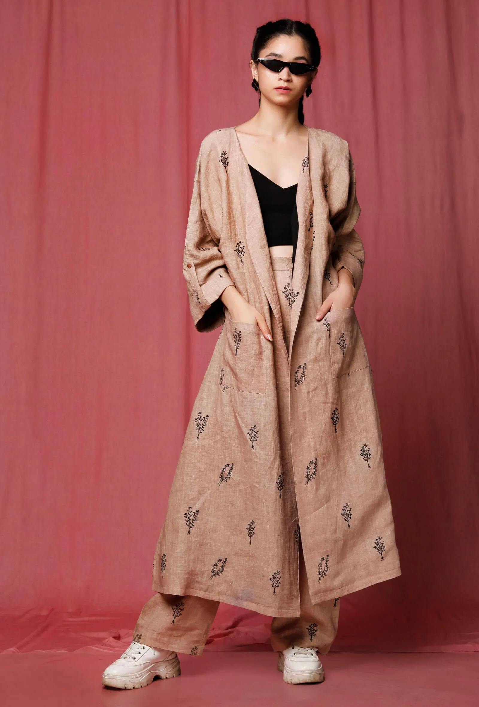 Set of 2: Brown Handblock Printed Notched Linen Overcoat With Handblock Printed Linen Pant