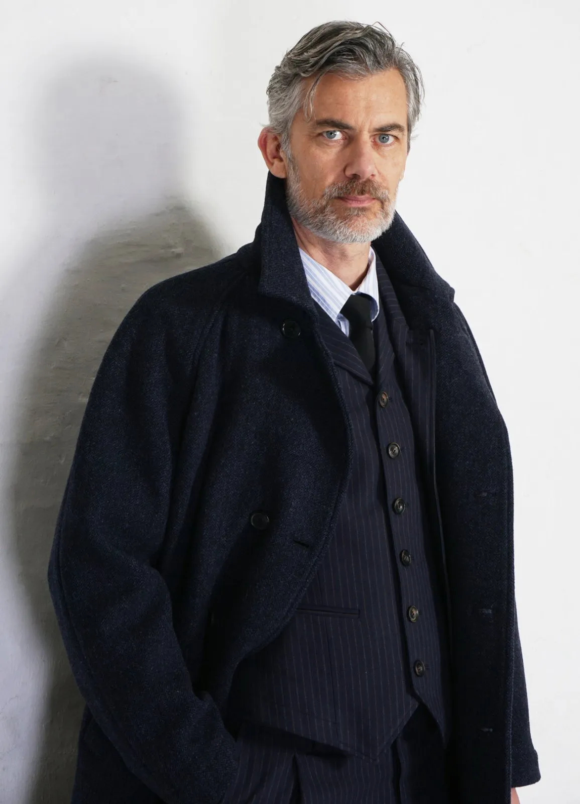 SIGFRED | Long Double Face Wool Coat | Blue Herringbone