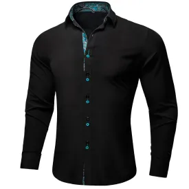 Splicing Style Black with Blue Paisley Edge Men's Long Sleeve Shirt