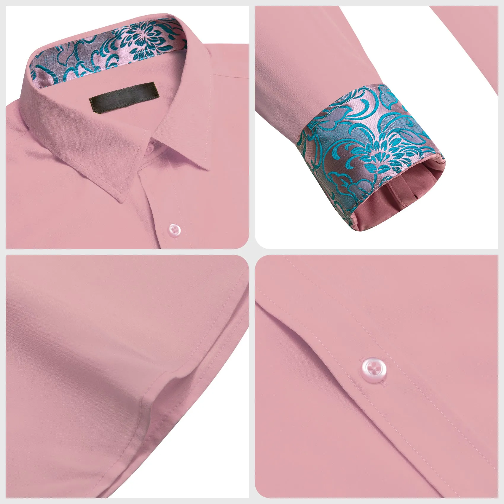 Splicing Style Pink with Aqua Floral Edge Men's Long Sleeve Shirt