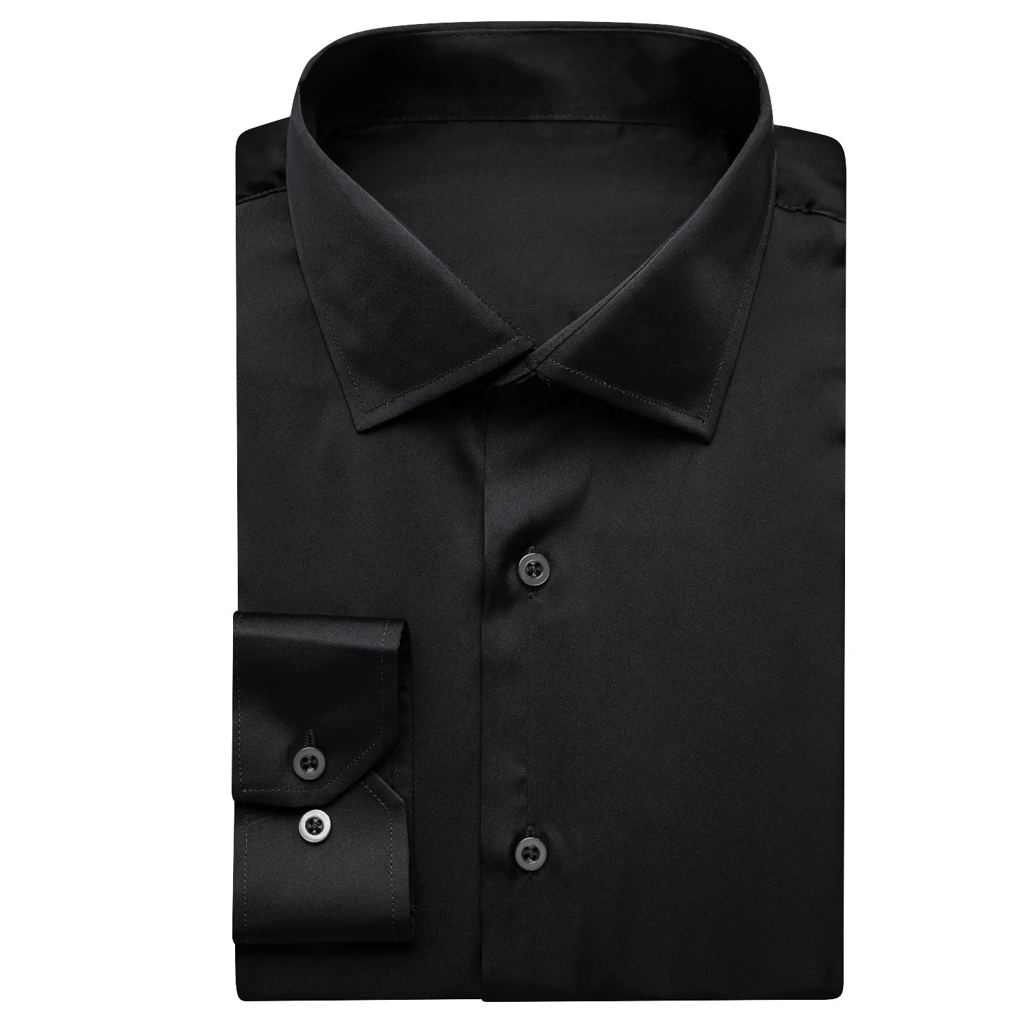 Ties2you Button Down Shirt Men's Black Solid Satin Chiffon Non-Stretch Long Sleeve Shirt