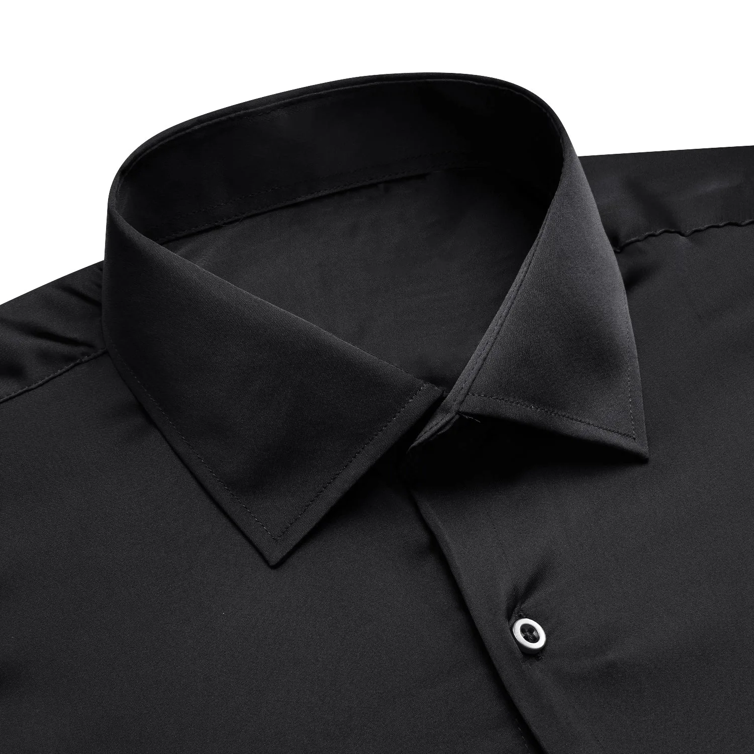 Ties2you Button Down Shirt Men's Black Solid Satin Chiffon Non-Stretch Long Sleeve Shirt