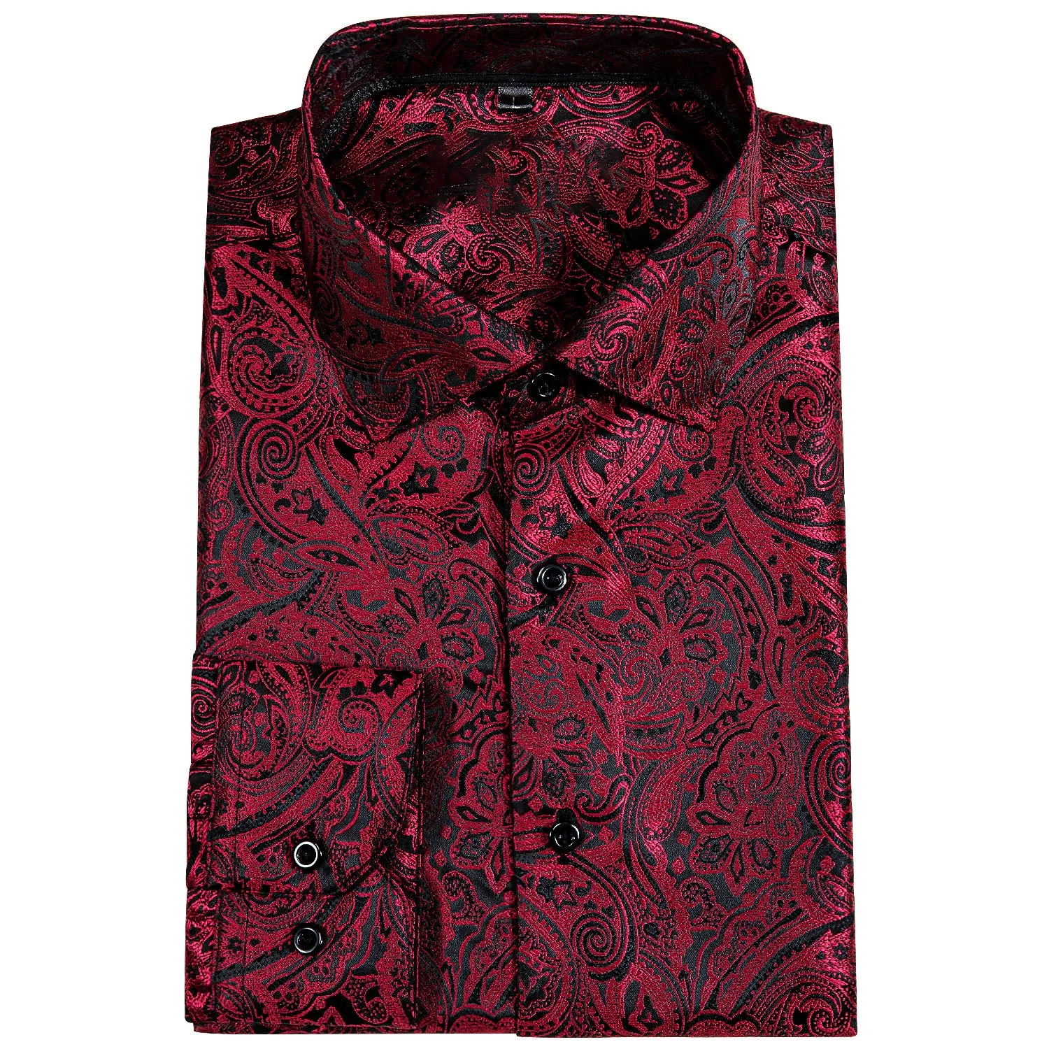 Ties2you Button Down Shirt Red Black Paisley Men's Long Sleeve Silk Shirt