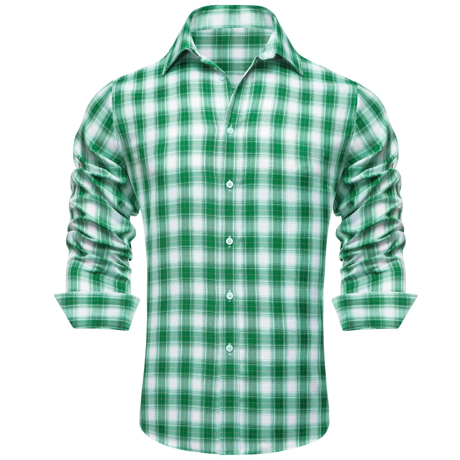 Ties2you Men's Shirt Green White Plaid Men's Silk Long Sleeve Shirt Classic