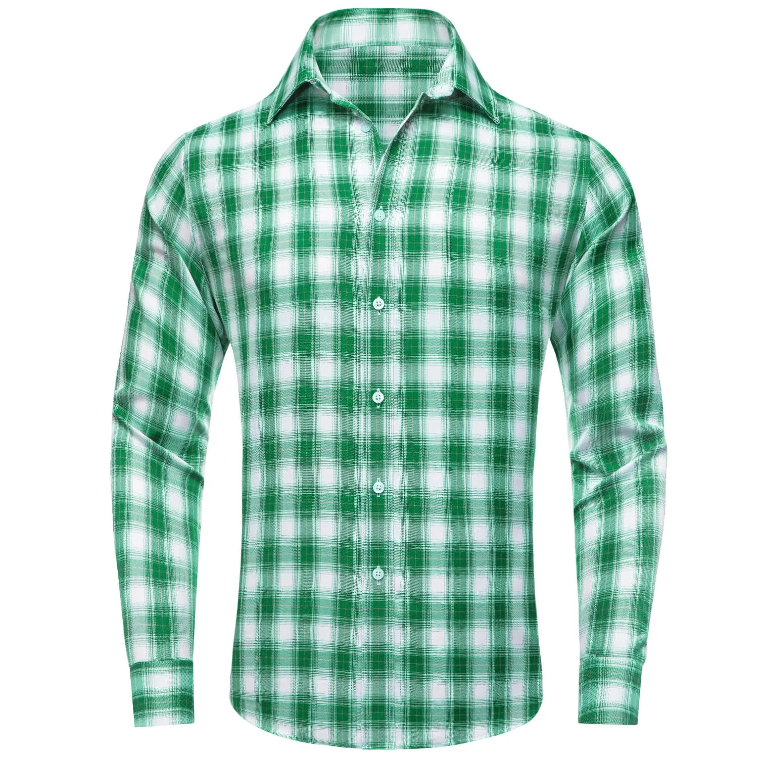 Ties2you Men's Shirt Green White Plaid Men's Silk Long Sleeve Shirt Classic