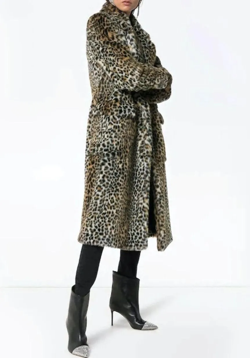 Womens Faux Fur Leopard Long Coat with Pockets